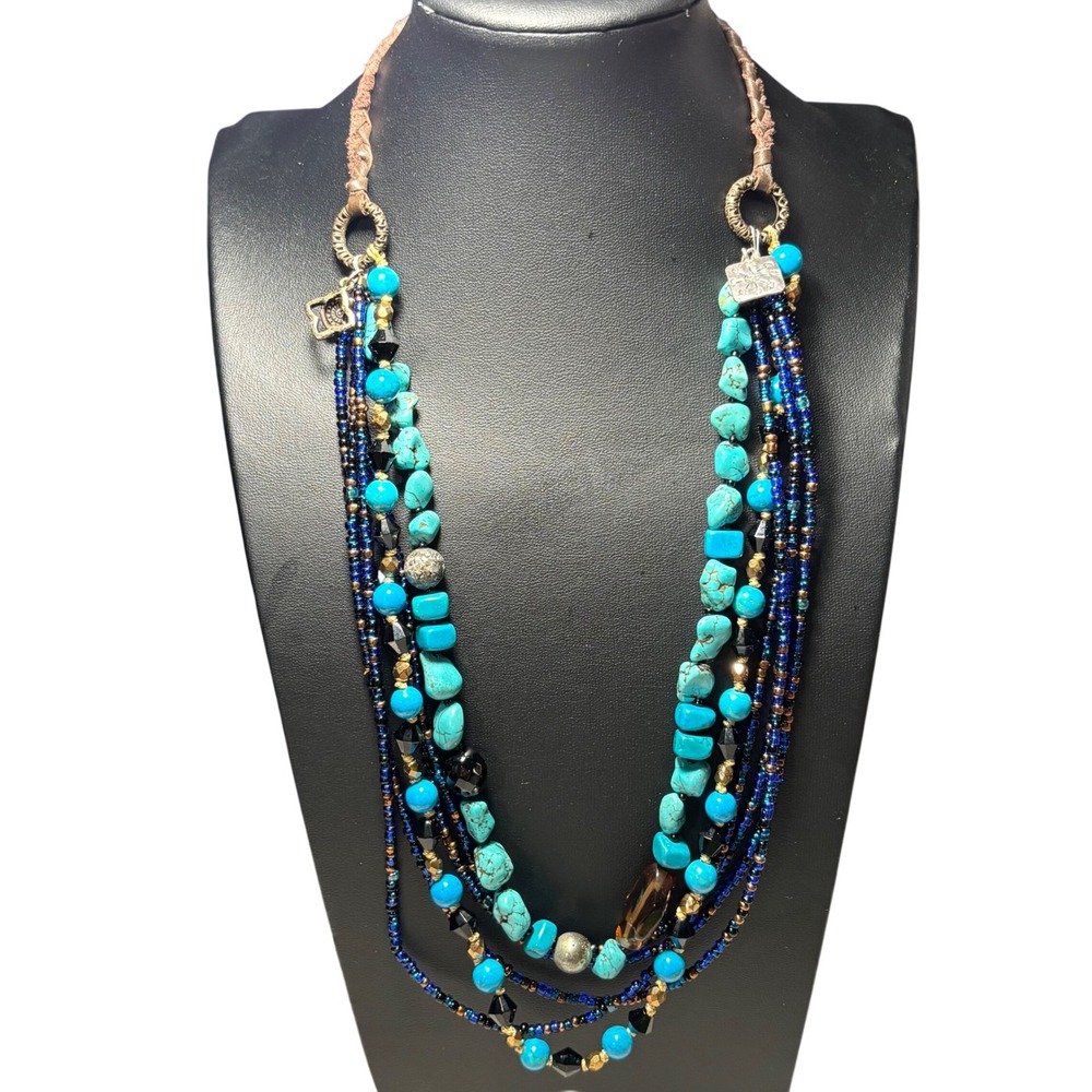 Multi Strand Turquoise Glass Bead Statement Necklace 925 Sterling Silver Leather